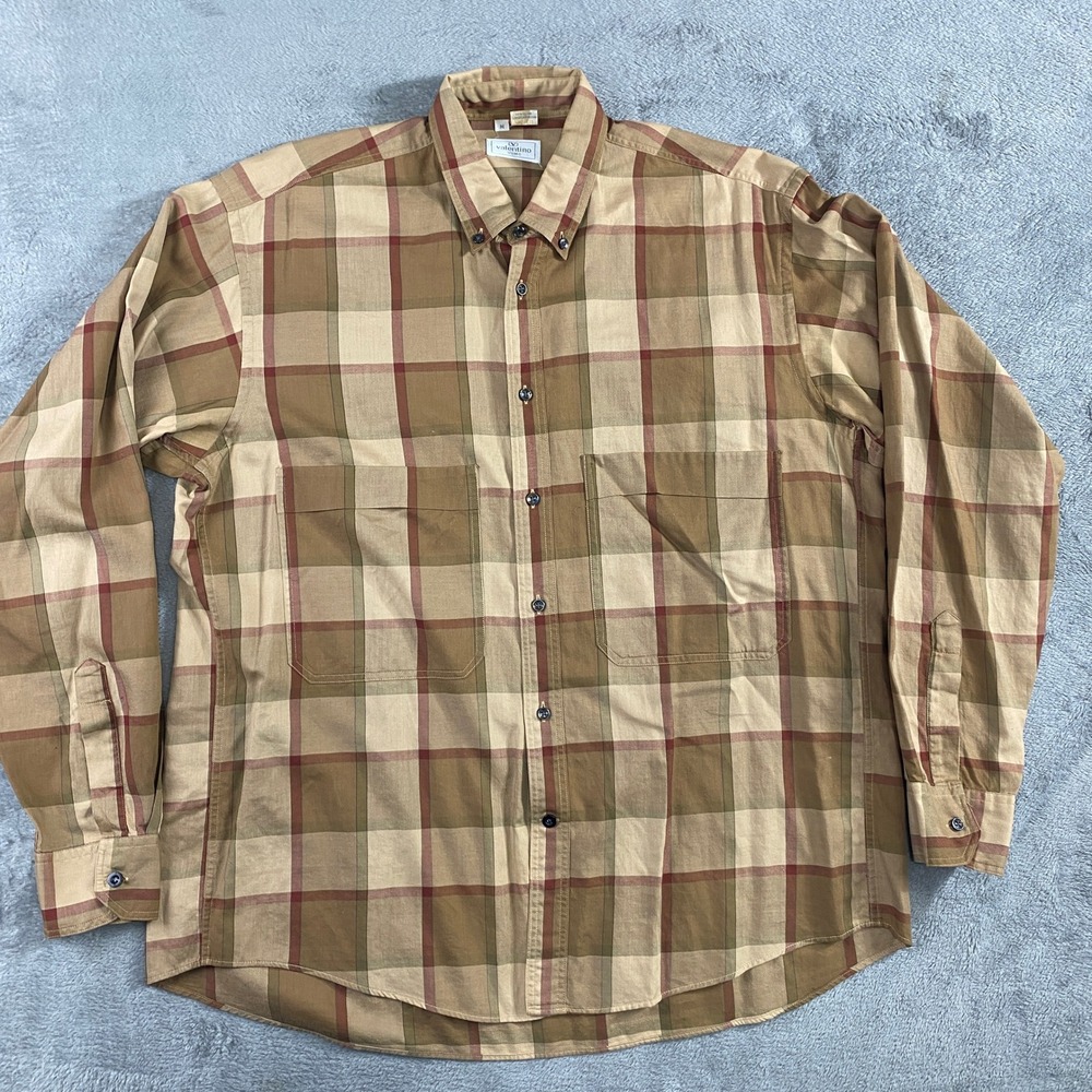 Vintage Valentino Uomo Button Down Plaid Shirt Mens M Brown Cotton Long Sleeve‎